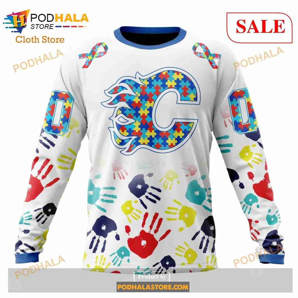 Calgary Flames Autism Awareness Hoodie With Colorful Puzzle Design - View 3 Calgary Flames Autism Awareness Hoodie With Colorful Puzzle Design - View 3