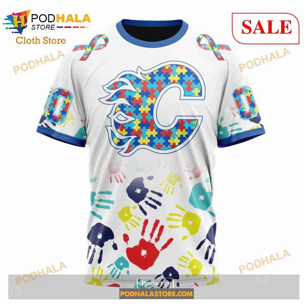 Calgary Flames Autism Awareness Hoodie With Colorful Puzzle Design - Product View 6 Calgary Flames Autism Awareness Hoodie With Colorful Puzzle Design - Product View 6