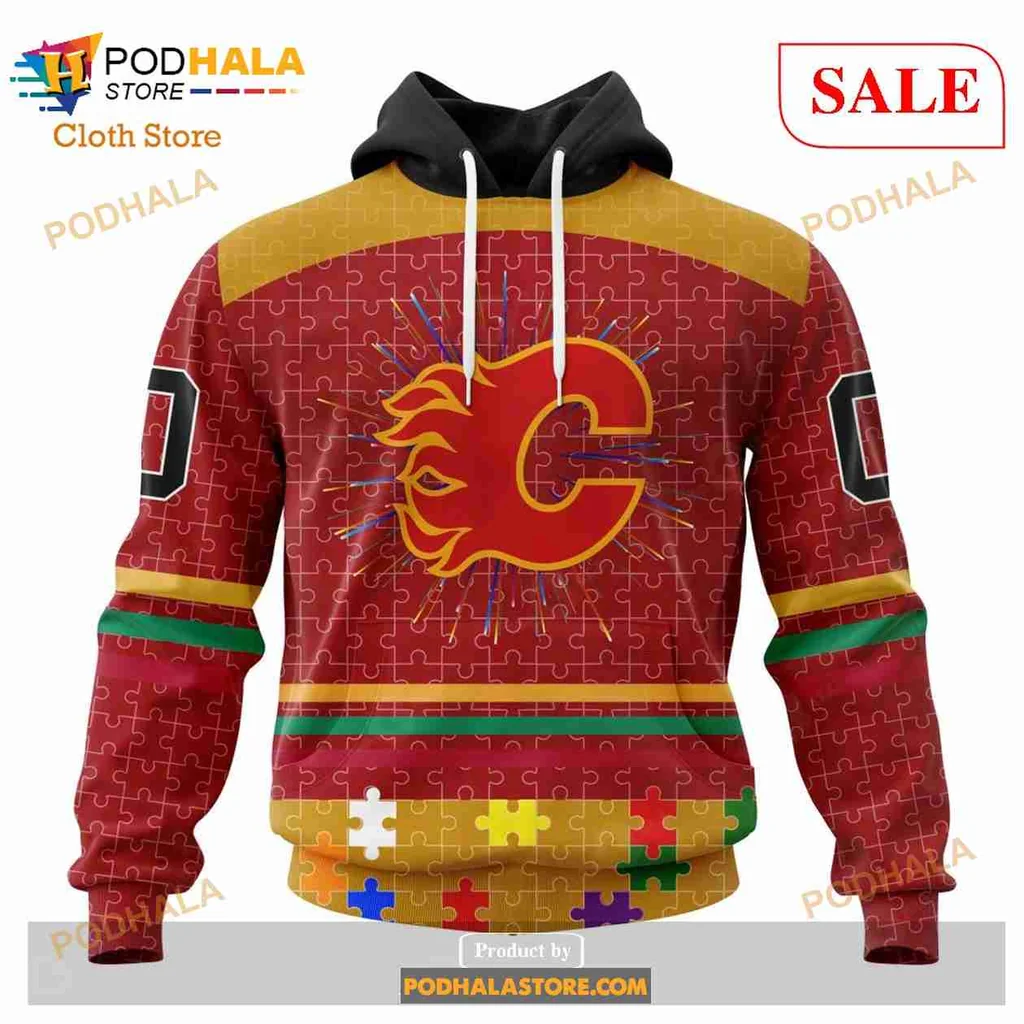 Calgary Flames Autism Awareness Hoodie With Iconic Logo And Puzzle Design