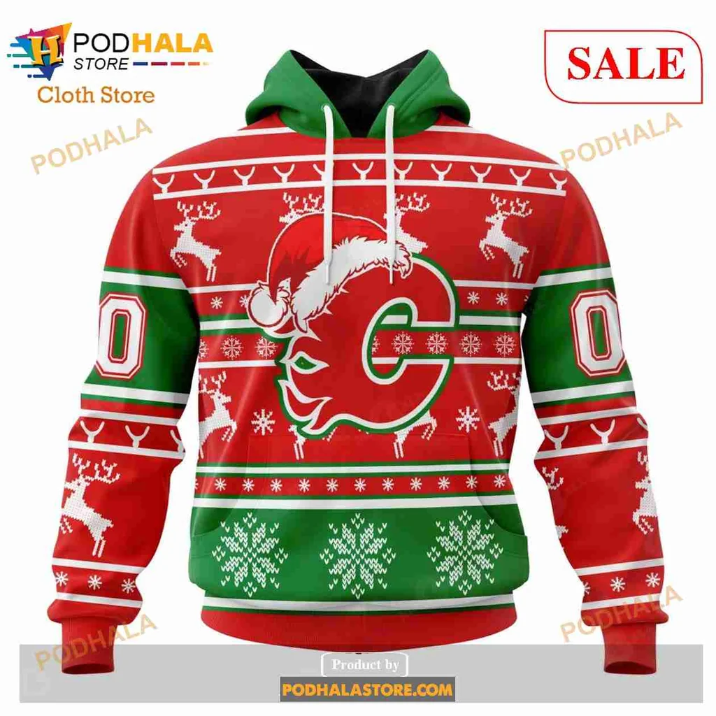 Calgary Flames Christmas Hoodie Featuring Santa Hat Design