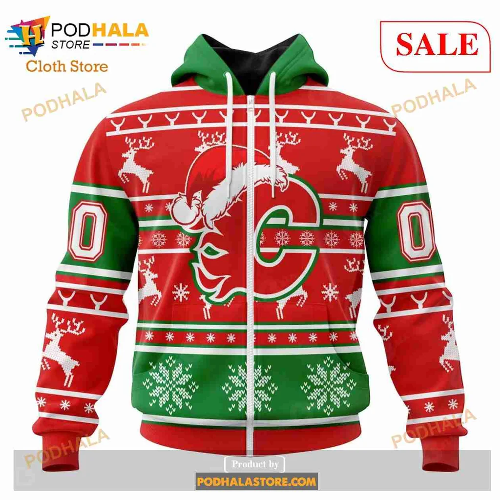 Calgary Flames Christmas Hoodie Featuring Santa Hat Design - View 1 Calgary Flames Christmas Hoodie Featuring Santa Hat Design - View 1