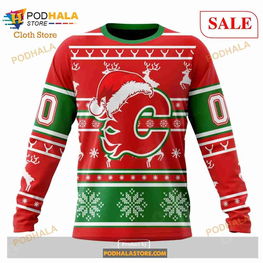 Calgary Flames Christmas Hoodie Featuring Santa Hat Design - View 3 Calgary Flames Christmas Hoodie Featuring Santa Hat Design - View 3
