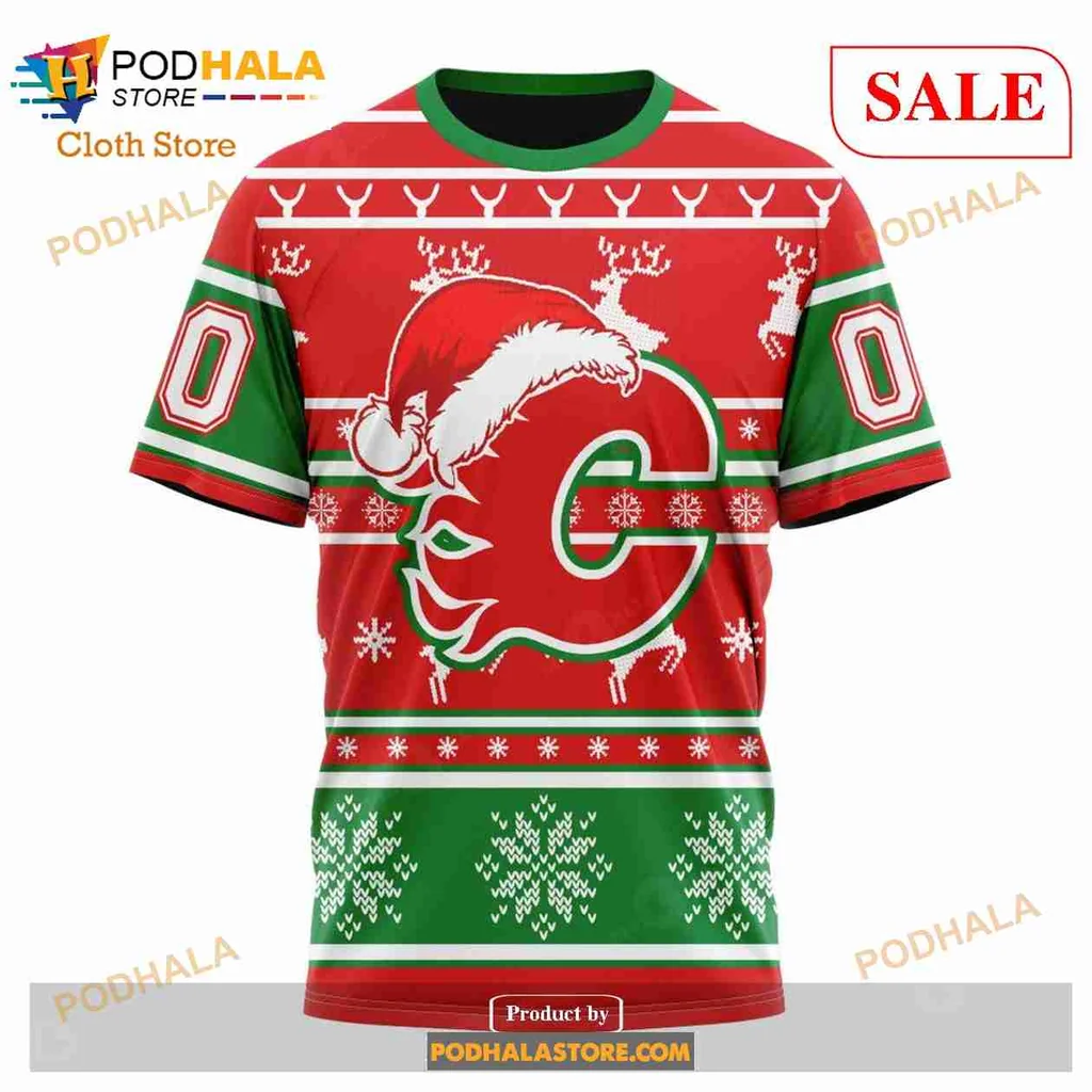 Calgary Flames Christmas Hoodie Featuring Santa Hat Design - Product View 6 Calgary Flames Christmas Hoodie Featuring Santa Hat Design - Product View 6