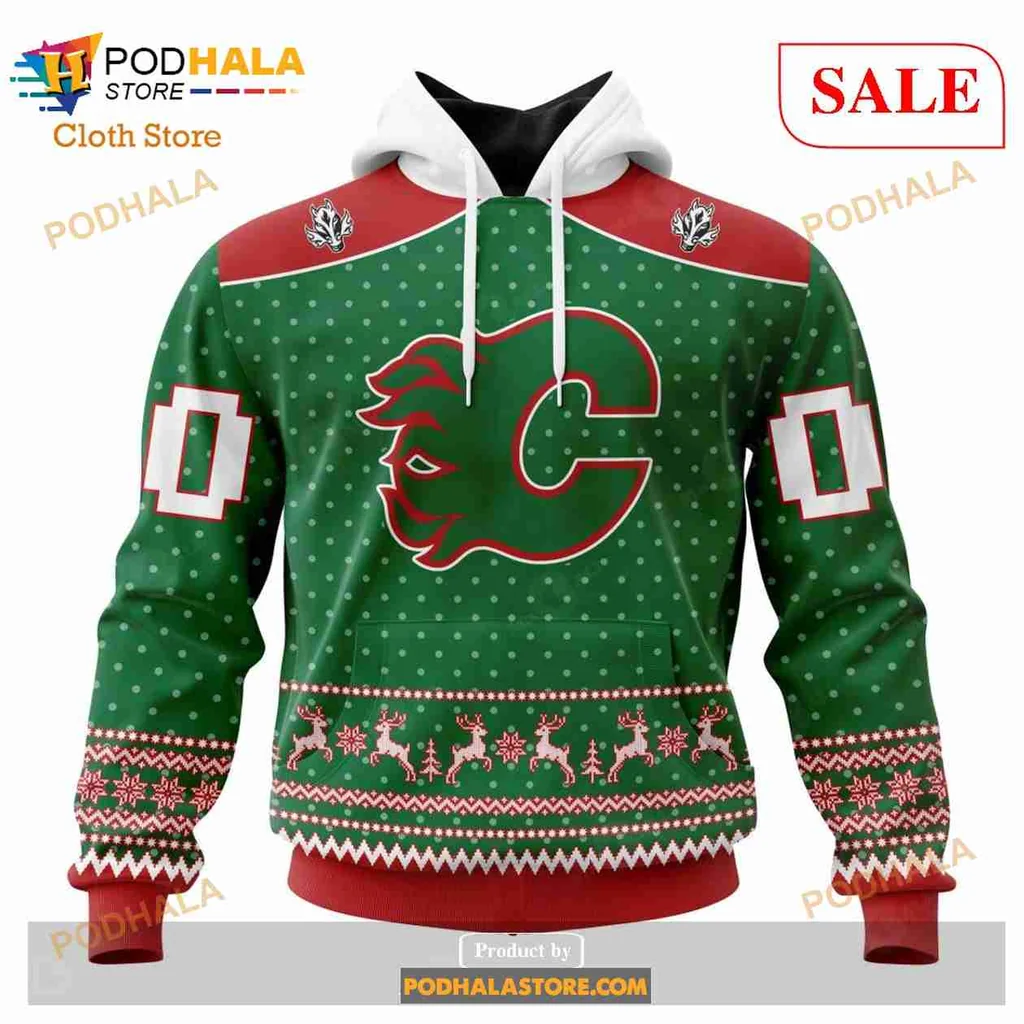 Calgary Flames Christmas Hoodie With Festive Green And Polka Dots