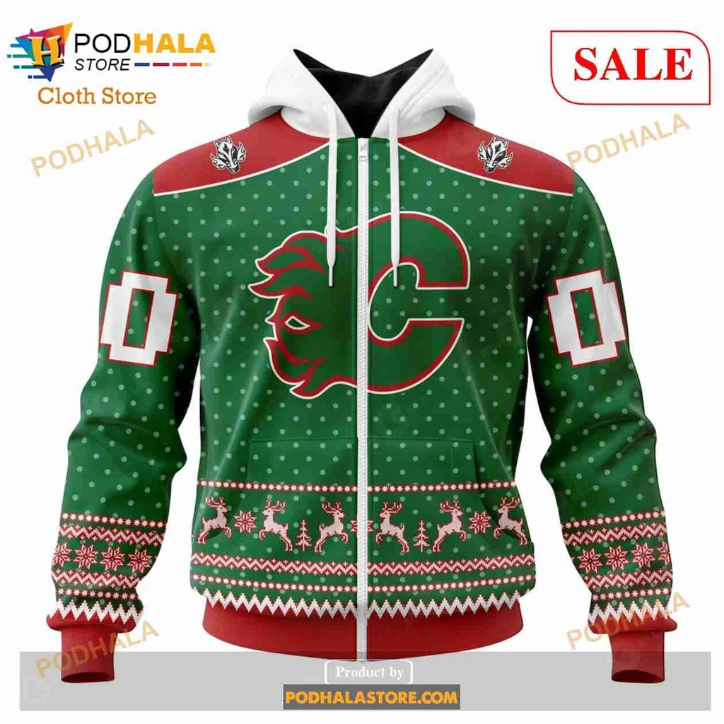 Calgary Flames Christmas Hoodie With Festive Green And Polka Dots - View 1 Calgary Flames Christmas Hoodie With Festive Green And Polka Dots - View 1
