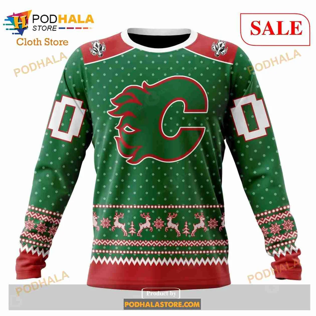 Calgary Flames Christmas Hoodie With Festive Green And Polka Dots - View 3 Calgary Flames Christmas Hoodie With Festive Green And Polka Dots - View 3