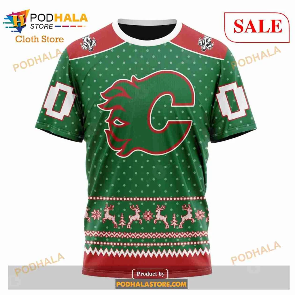 Calgary Flames Christmas Hoodie With Festive Green And Polka Dots - Product View 6 Calgary Flames Christmas Hoodie With Festive Green And Polka Dots - Product View 6