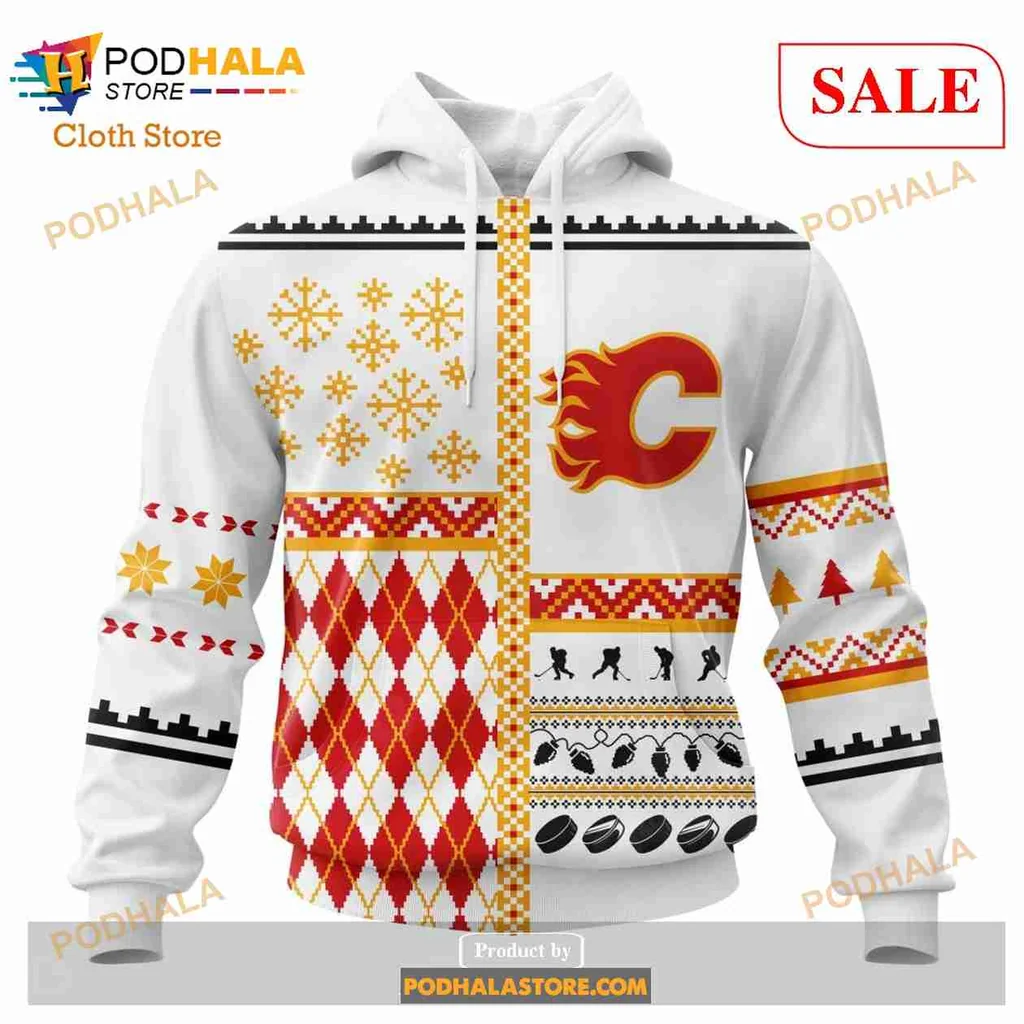 Calgary Flames Christmas Hoodie With Festive Red And White Design