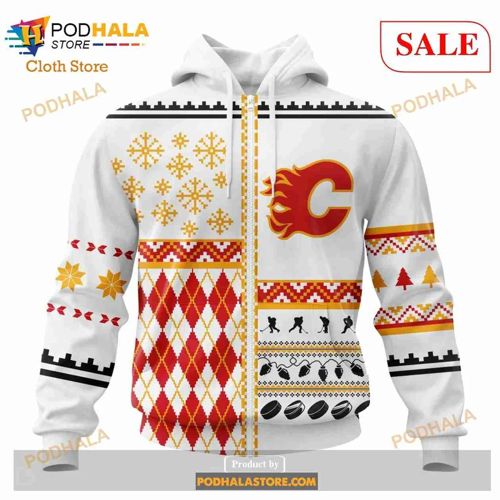 Calgary Flames Christmas Hoodie With Festive Red And White Design - View 1 Calgary Flames Christmas Hoodie With Festive Red And White Design - View 1