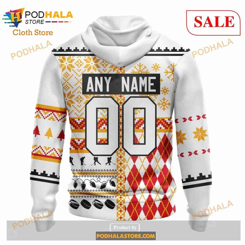 Calgary Flames Christmas Hoodie With Festive Red And White Design - View 2 Calgary Flames Christmas Hoodie With Festive Red And White Design - View 2