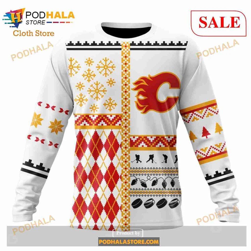 Calgary Flames Christmas Hoodie With Festive Red And White Design - View 3 Calgary Flames Christmas Hoodie With Festive Red And White Design - View 3