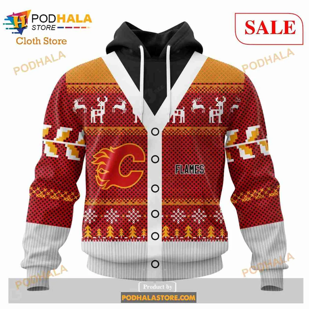 Calgary Flames Christmas Hoodie With Reindeer And Snowflakes Design