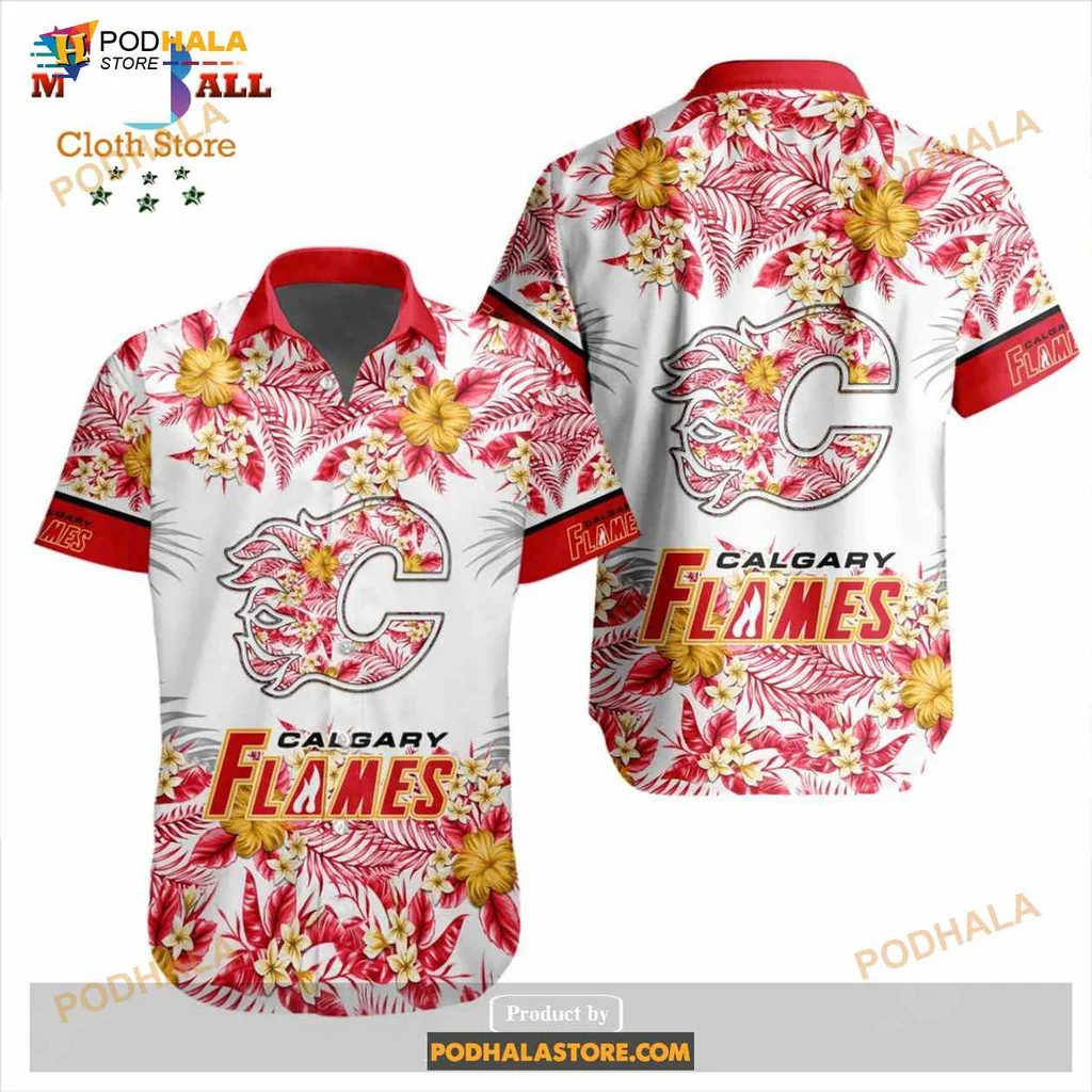 Calgary Flames Floral Hawaiian Shirt With Vibrant Yellow And Pink Flowers