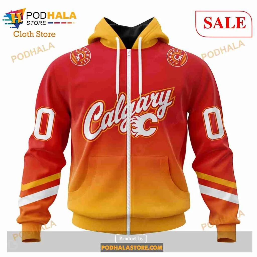 Calgary Flames Gradient All Over Print Hoodie With Customizable Number Calgary Flames Gradient All Over Print Hoodie With Customizable Number