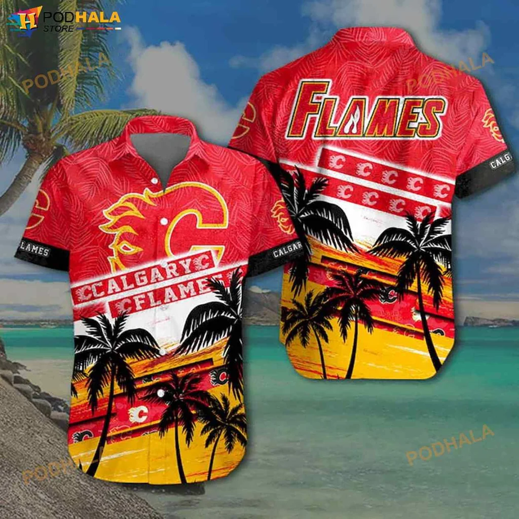 Calgary Flames Hawaiian Shirt, Bold Red Design With Palm Trees