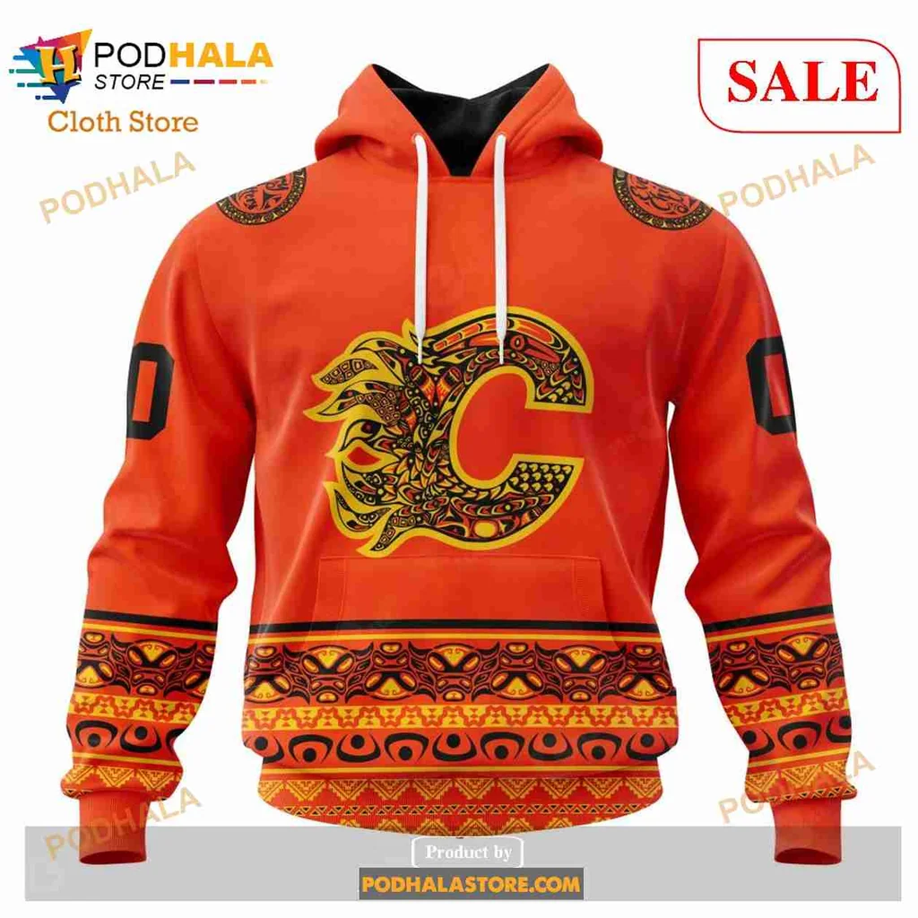 Calgary Flames Indigenous Art Hoodie With Geometric Designs