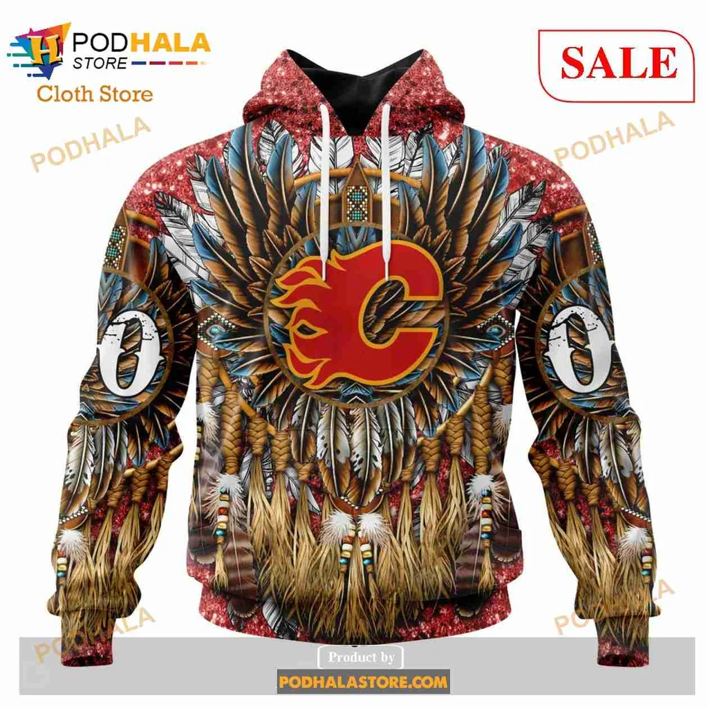 Calgary Flames Native American Hoodie With Intricate Feather Design