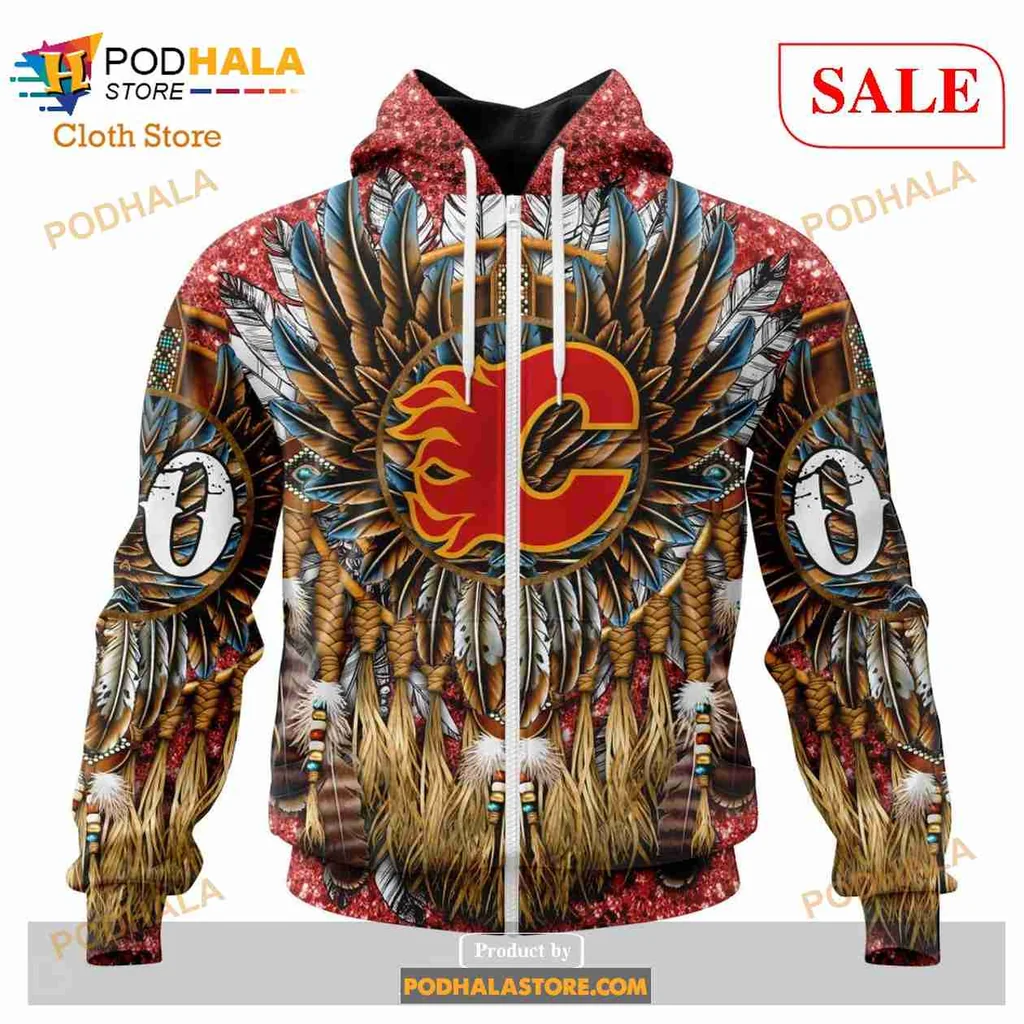 Calgary Flames Native American Hoodie With Intricate Feather Design - View 1 Calgary Flames Native American Hoodie With Intricate Feather Design - View 1