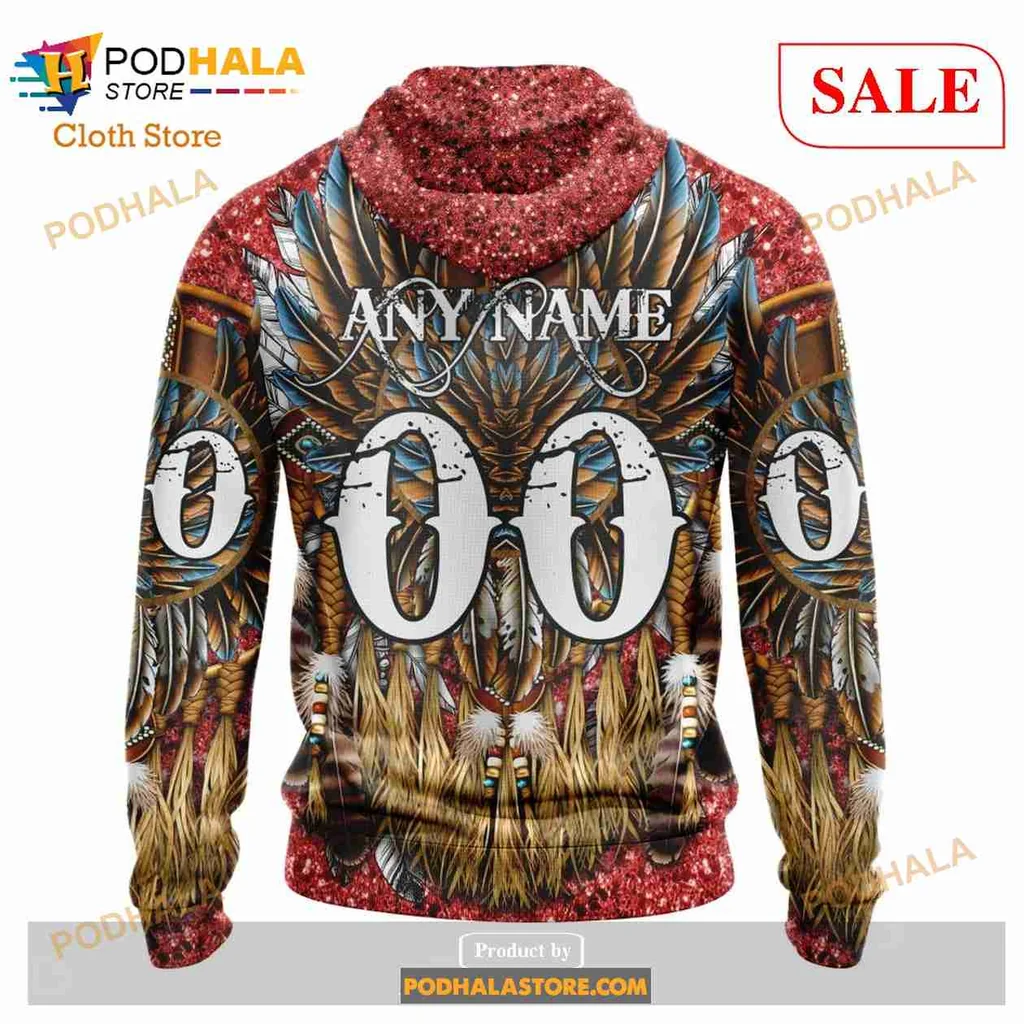 Calgary Flames Native American Hoodie With Intricate Feather Design - View 2 Calgary Flames Native American Hoodie With Intricate Feather Design - View 2