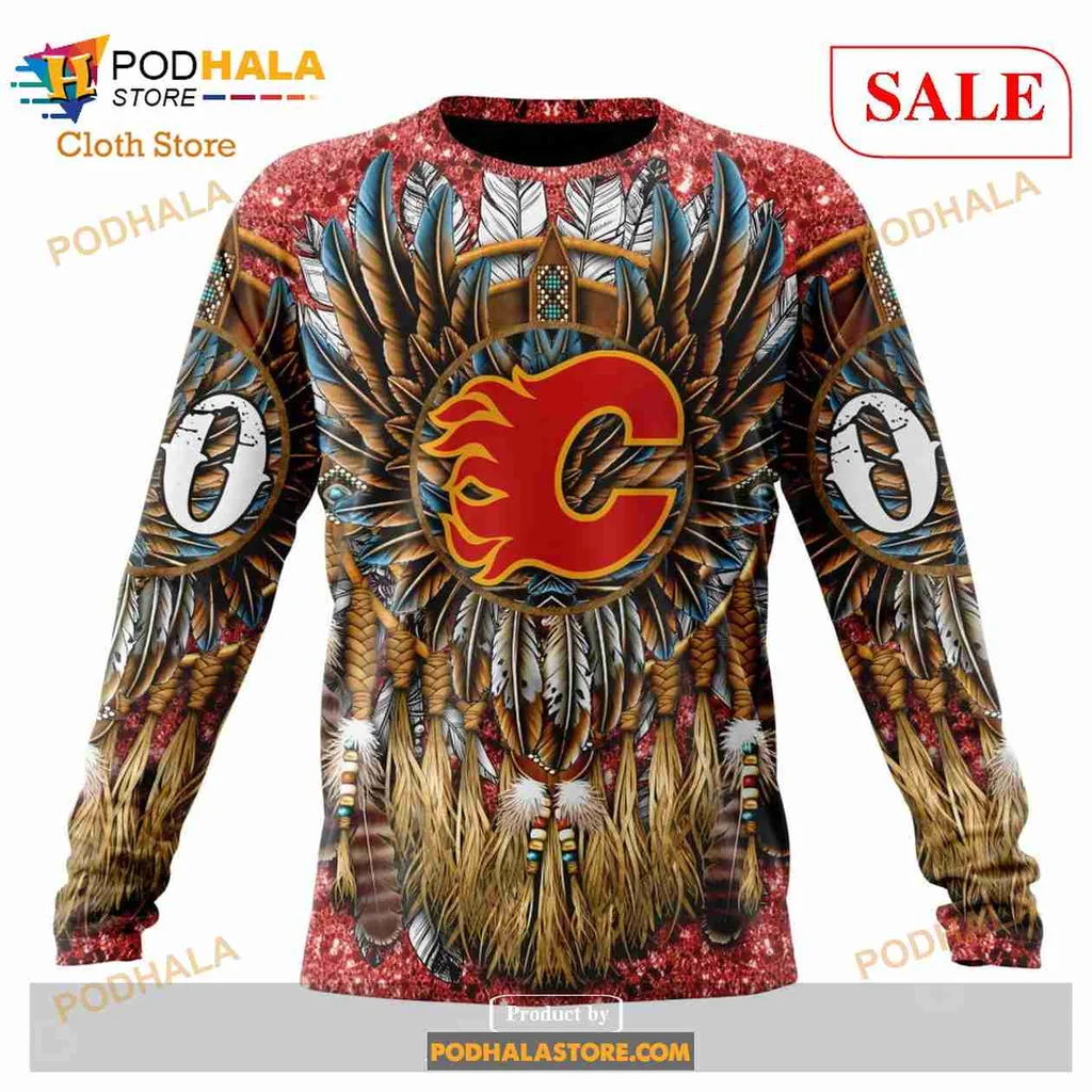 Calgary Flames Native American Hoodie With Intricate Feather Design - View 3 Calgary Flames Native American Hoodie With Intricate Feather Design - View 3
