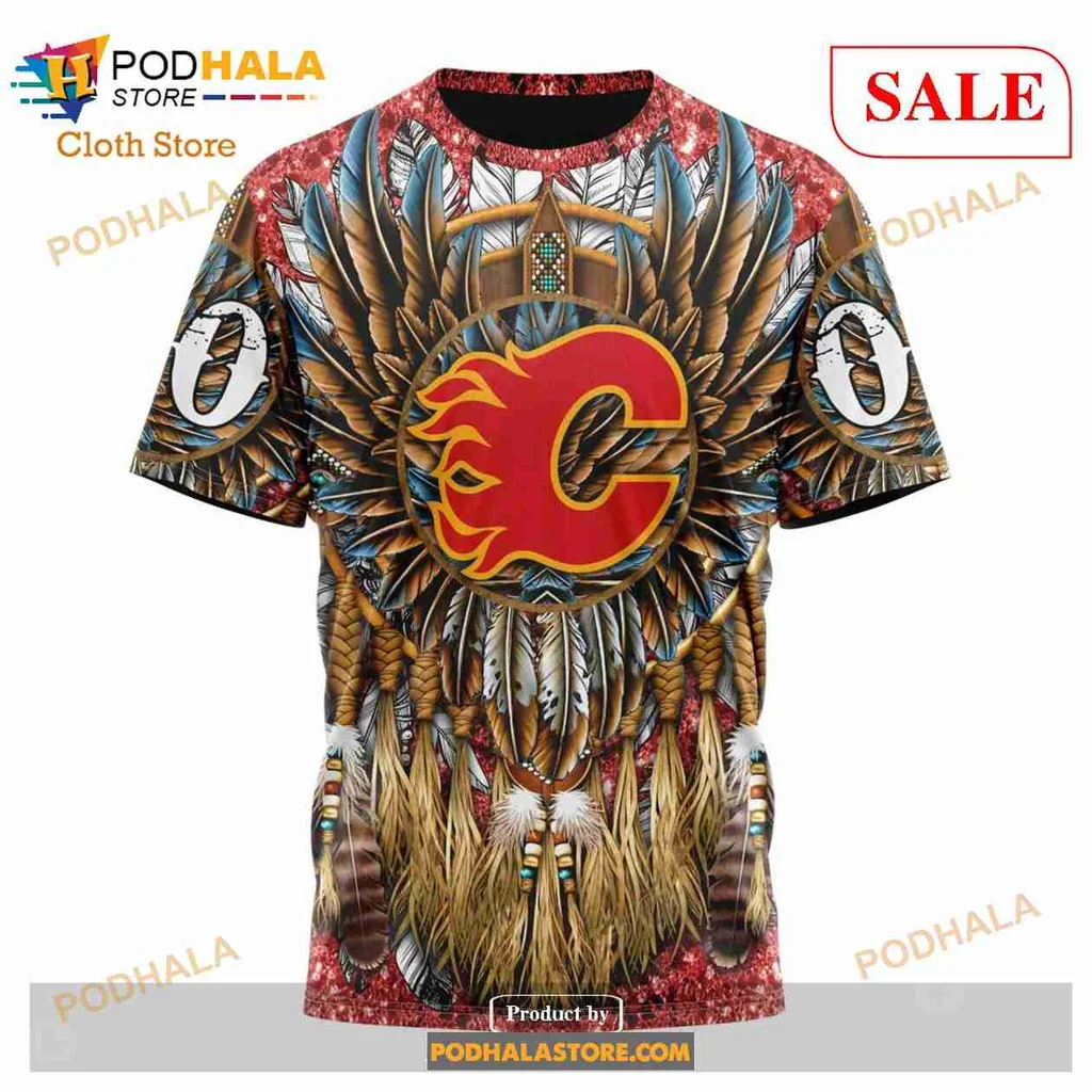 Calgary Flames Native American Hoodie With Intricate Feather Design - Product View 6 Calgary Flames Native American Hoodie With Intricate Feather Design - Product View 6