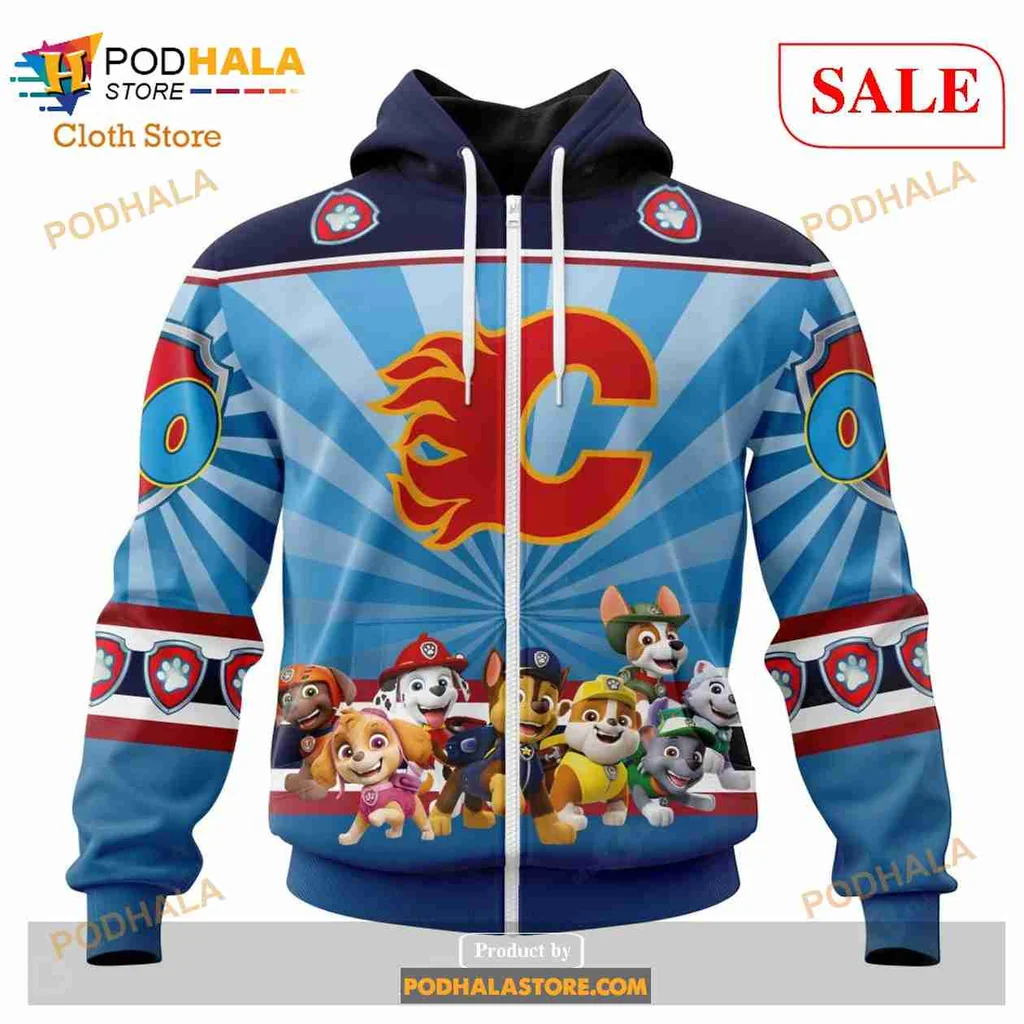 Calgary Flames Paw Patrol All Over Print Hoodie With Colorful Character Design Calgary Flames Paw Patrol All Over Print Hoodie With Colorful Character Design