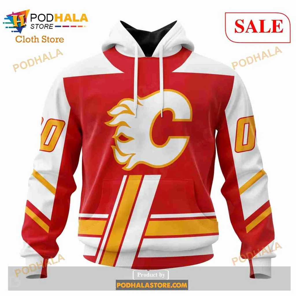 Calgary Flames Retro 3d Hoodie With Bold C Emblem And Flame Motif