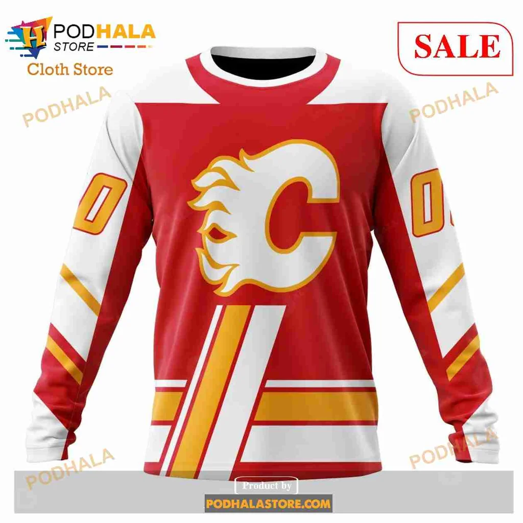 Calgary Flames Retro 3D Print Hoodie With Bold C Emblem And Flame Motif Calgary Flames Retro 3D Print Hoodie With Bold C Emblem And Flame Motif