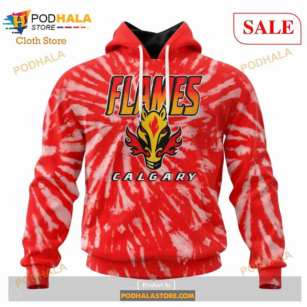 Calgary Flames Retro Tie Dye Hoodie With Bold Flames Design