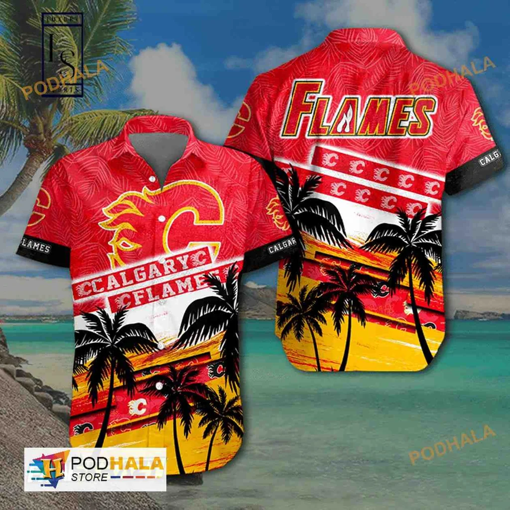 Calgary Flames Tropical Hawaiian Shirt With Sunset And Palm Trees