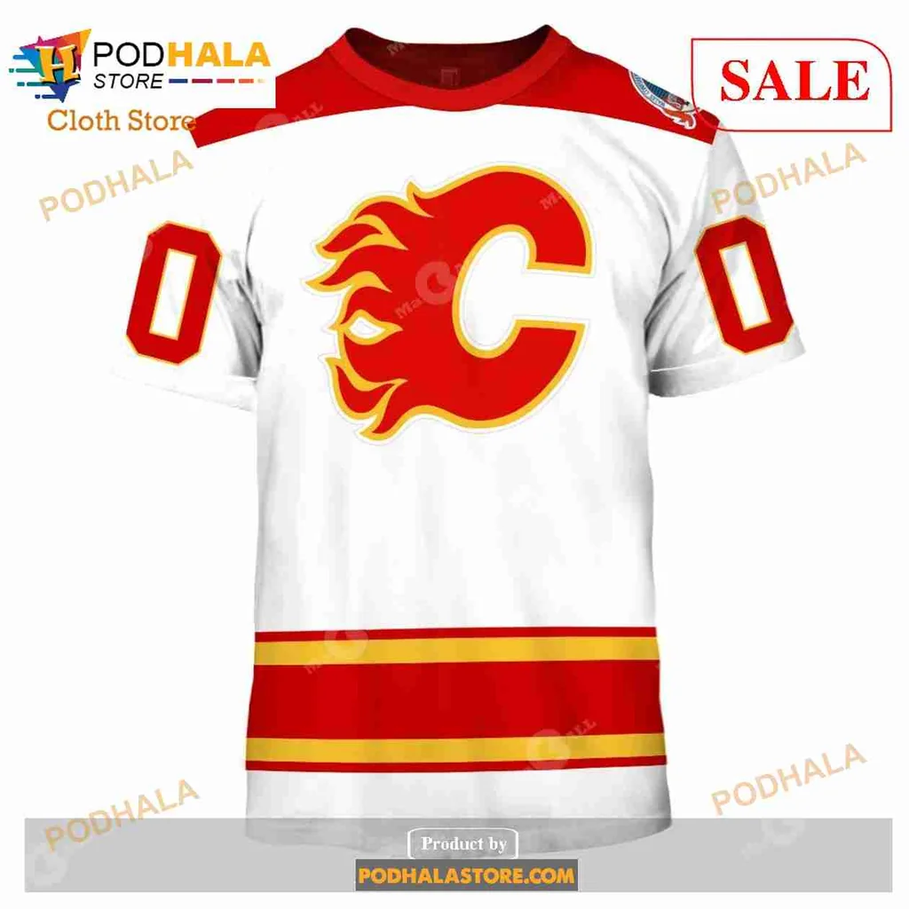 Calgary Flames Vintage Hoodie With Flames Logo And Stripes - View 1 Calgary Flames Vintage Hoodie With Flames Logo And Stripes - View 1