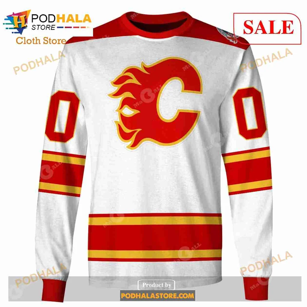 Calgary Flames Vintage Hoodie With Flames Logo And Stripes - View 2 Calgary Flames Vintage Hoodie With Flames Logo And Stripes - View 2