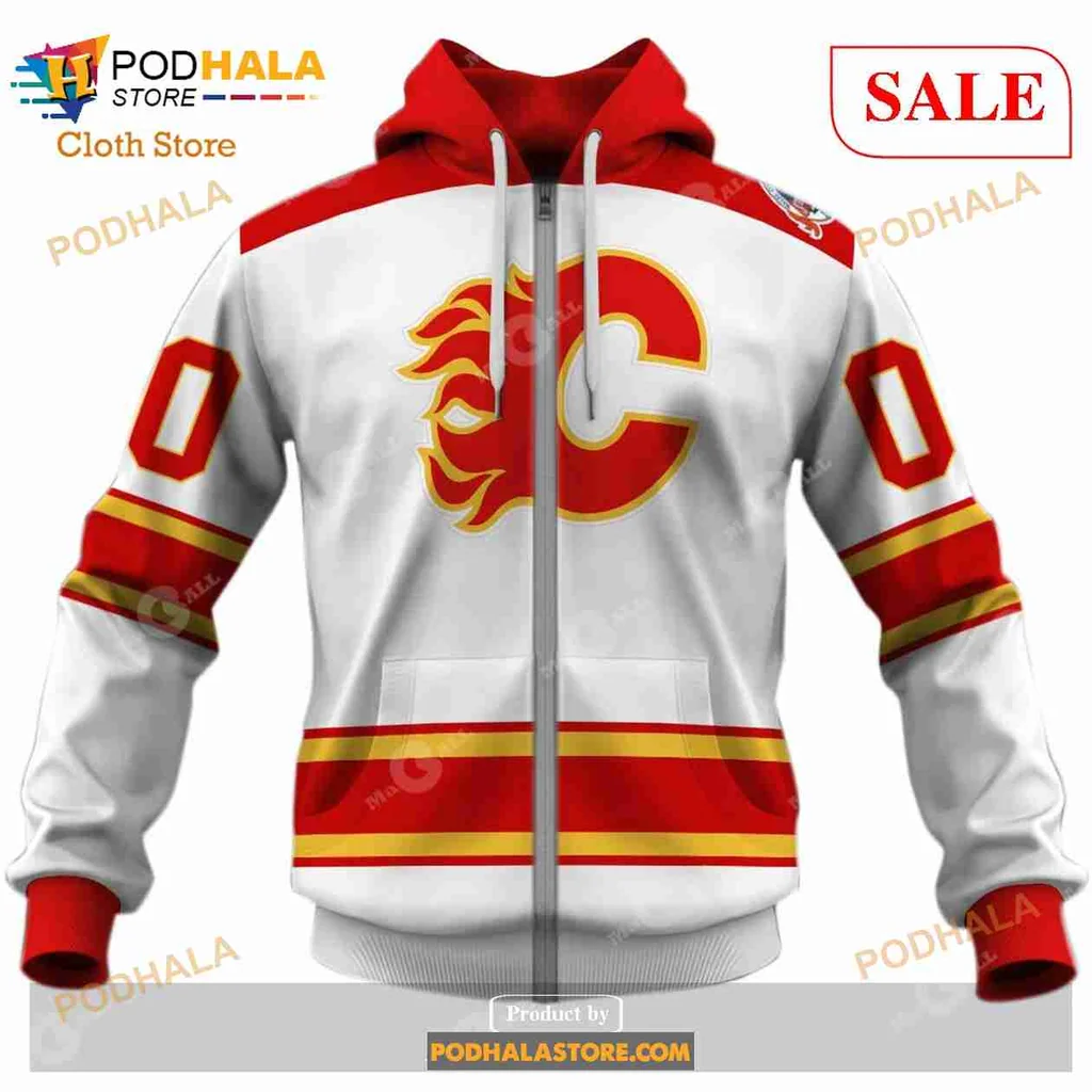 Calgary Flames Vintage Hoodie With Flames Logo And Stripes - View 3 Calgary Flames Vintage Hoodie With Flames Logo And Stripes - View 3
