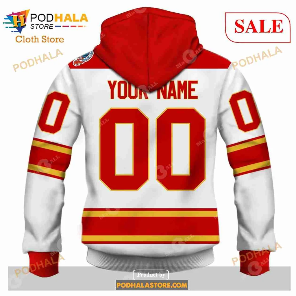 Calgary Flames Vintage Hoodie With Flames Logo And Stripes - Product View 5 Calgary Flames Vintage Hoodie With Flames Logo And Stripes - Product View 5