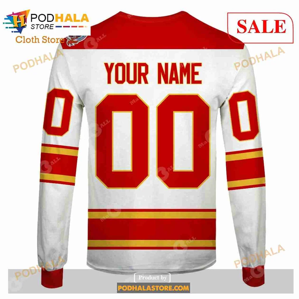 Calgary Flames Vintage Hoodie With Flames Logo And Stripes - Product View 7 Calgary Flames Vintage Hoodie With Flames Logo And Stripes - Product View 7