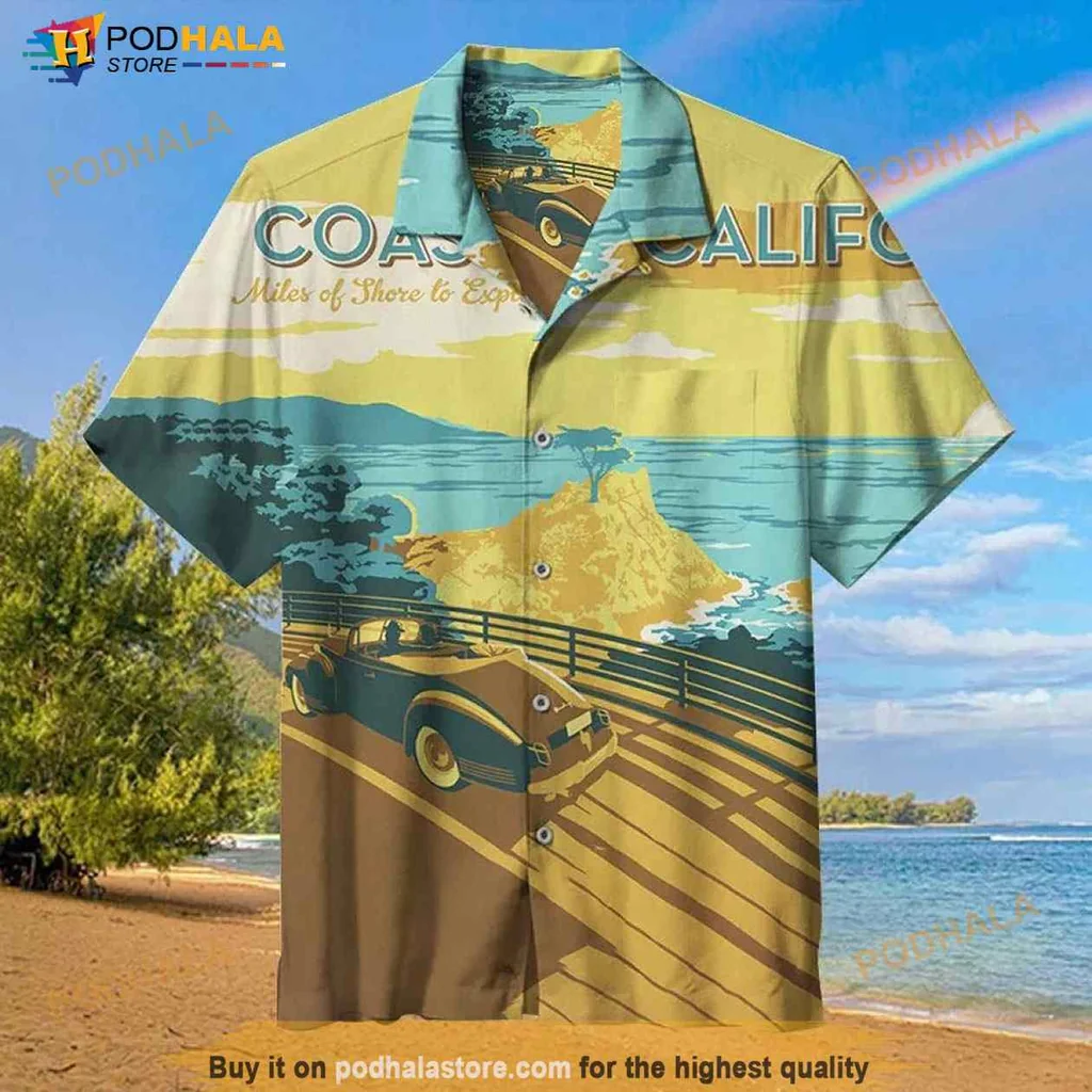 California Beach Landscape Hawaiian Shirt With Vintage Car Design
