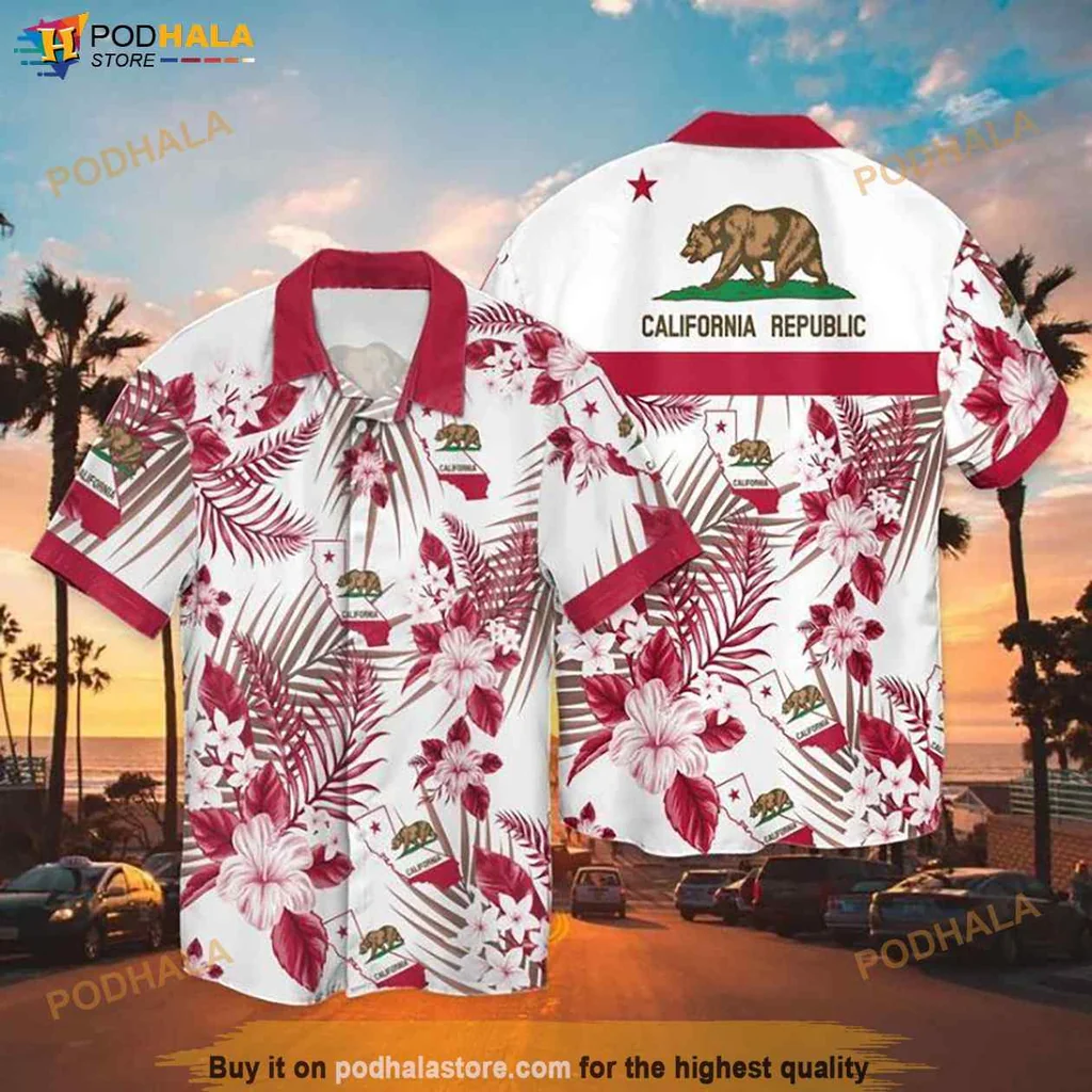 California Grizzly Bear Hawaiian Shirt, Vibrant Tropical Design With Floral Patterns