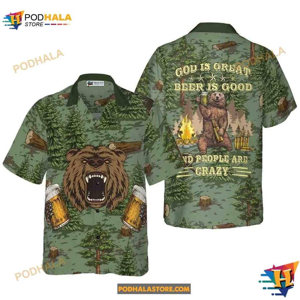 Camping Bear Aloha Shirt, God Is Great Beer Is Good Design