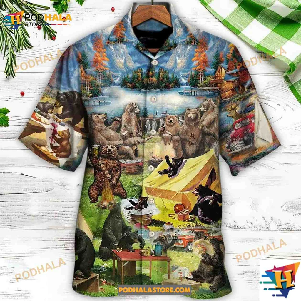 Camping Bear Hawaiian Shirt Featuring Playful Bears In Nature