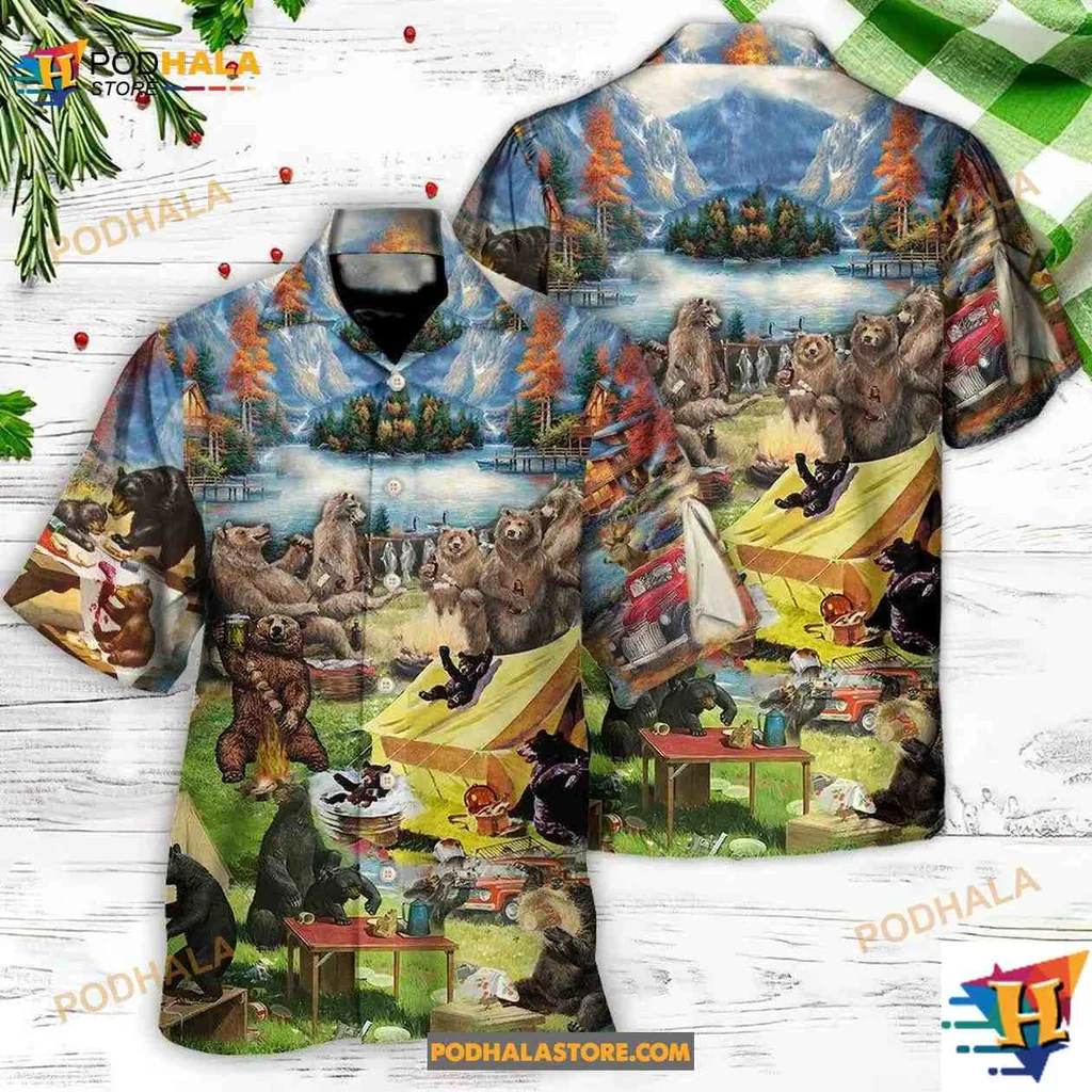 Camping Bear Aloha Shirt Featuring Playful Bears In Nature Camping Bear Aloha Shirt Featuring Playful Bears In Nature
