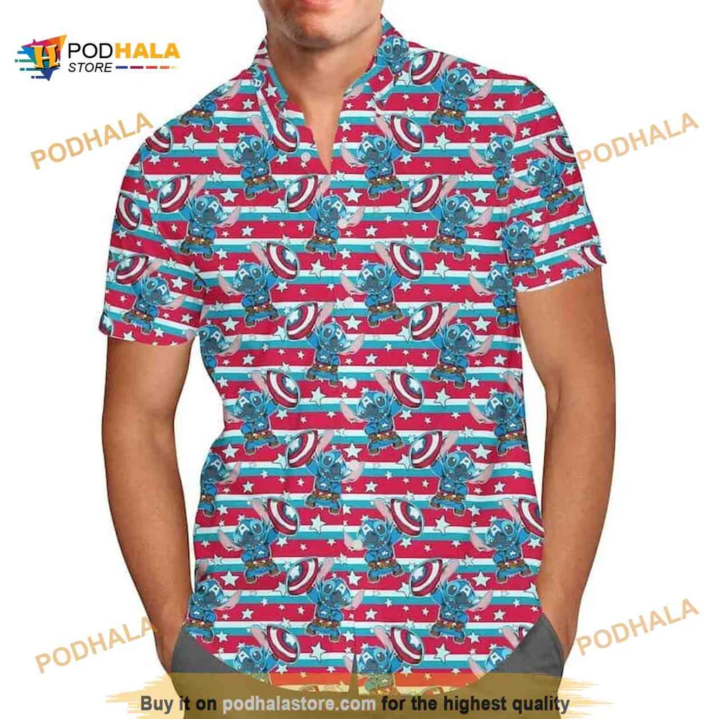 Captain America Stitch Hawaiian Shirt, Fun Blue Alien Design For Summer