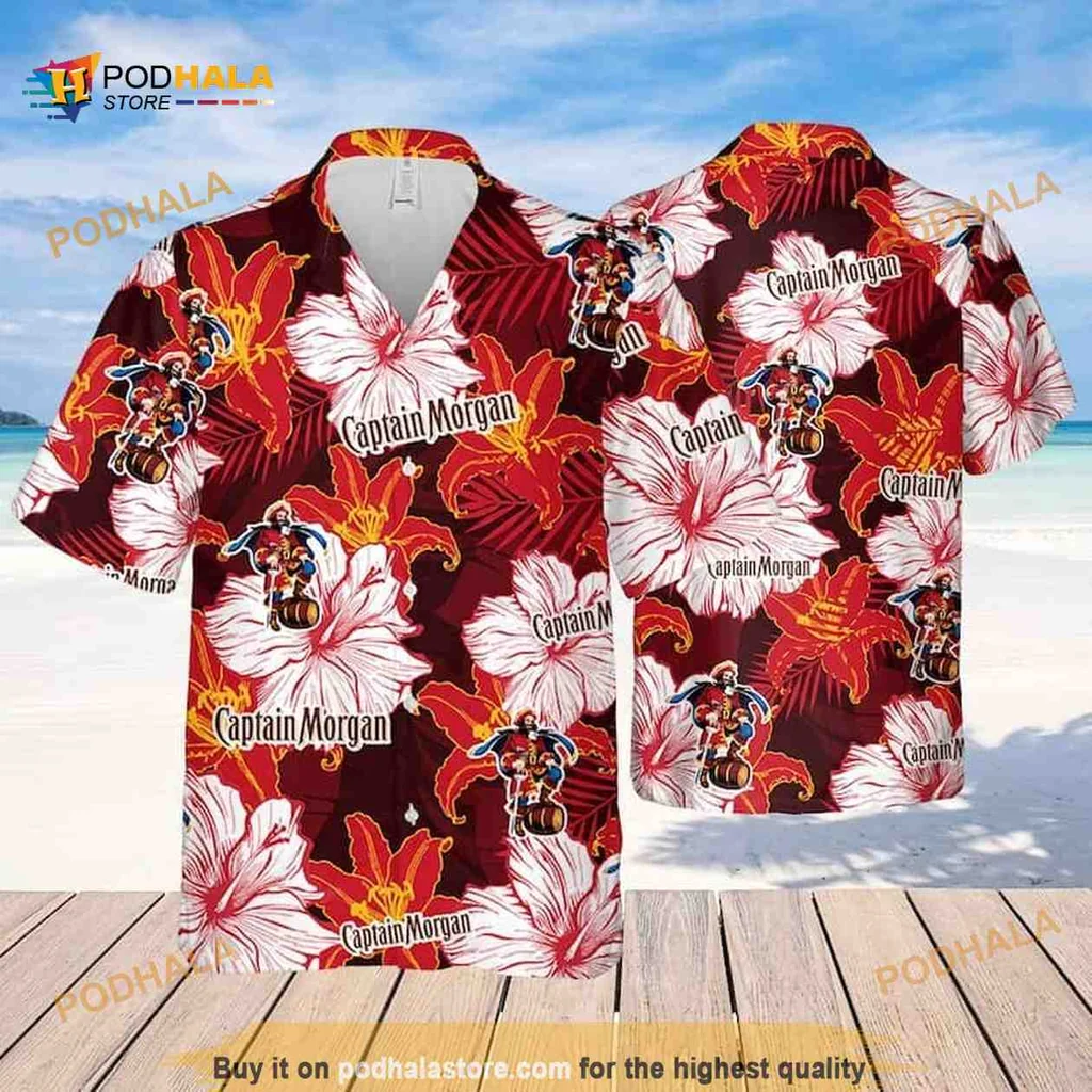 Captain Morgan Floral Hawaiian Shirt With Bold Hibiscus Design