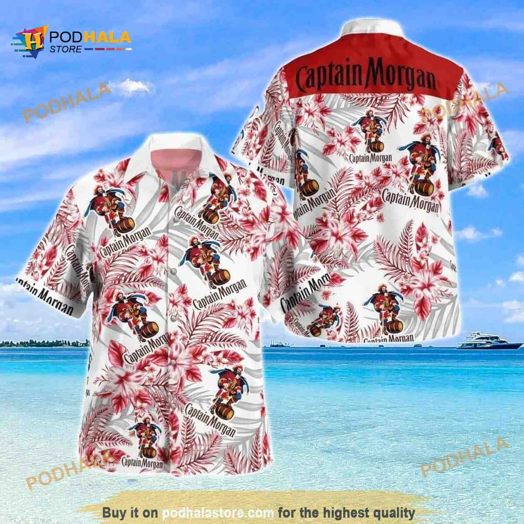 Captain Morgan Floral Hawaiian Shirt With Pirate Design For Beach Vibes