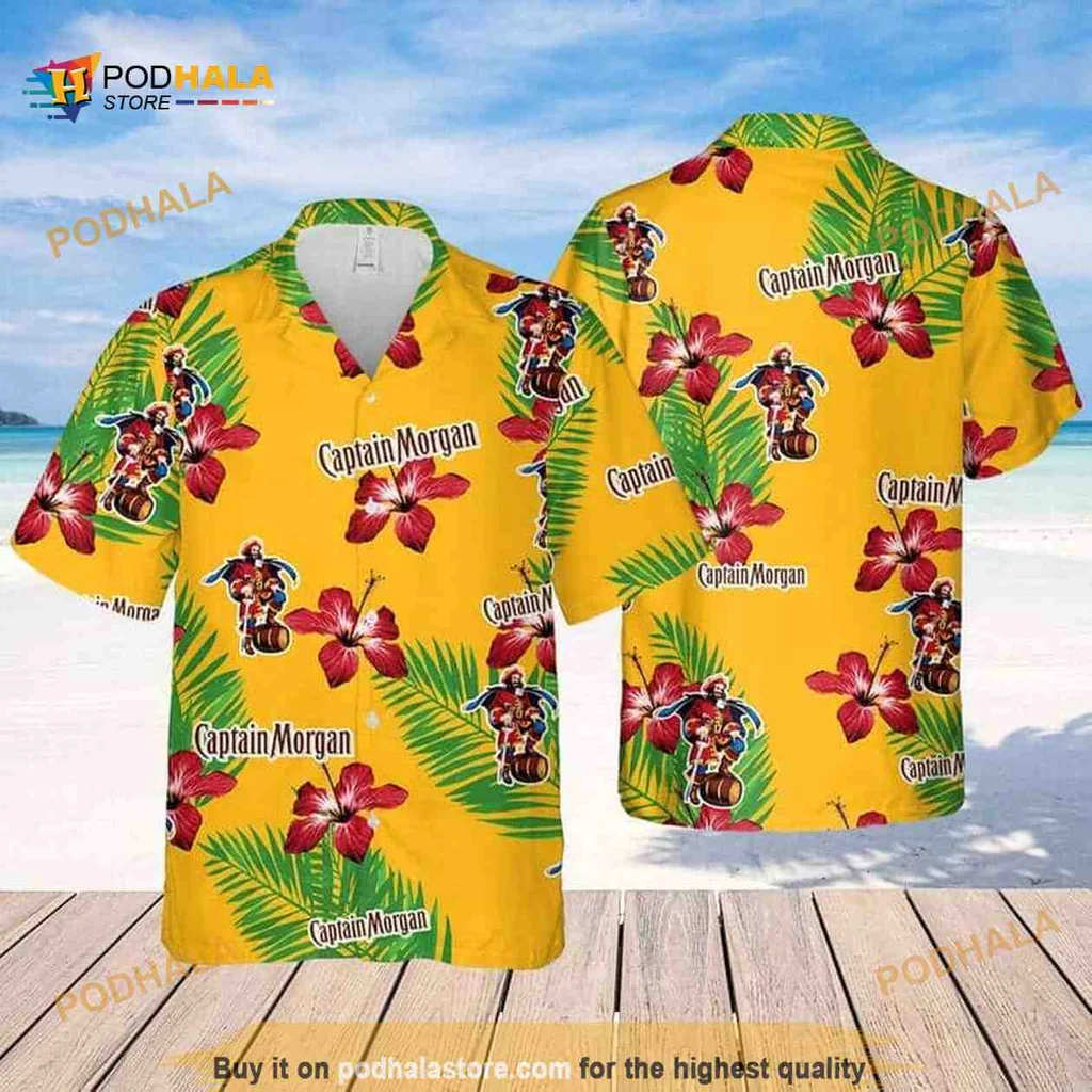 Captain Morgan Hibiscus Hawaiian Shirt With Palm Leaves For Beach Lovers
