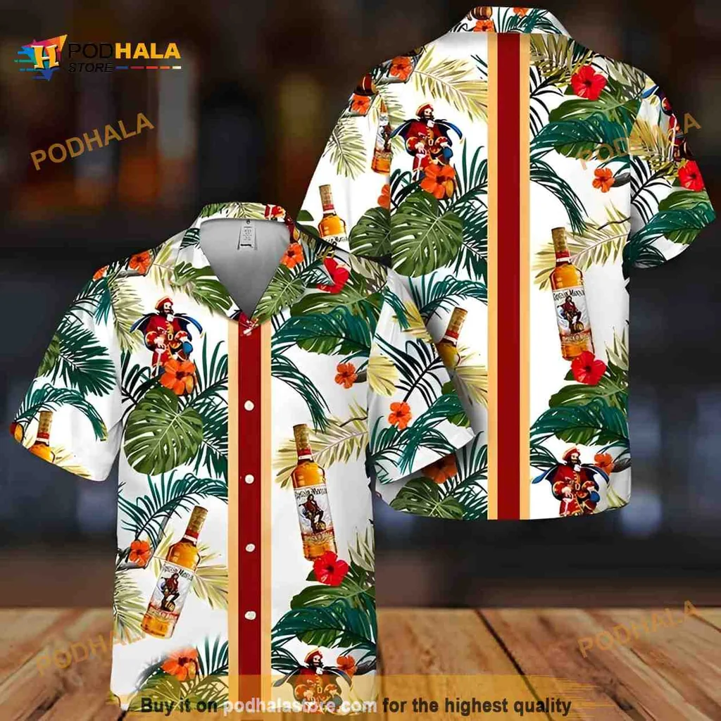 Captain Morgan Palm Leaves Hawaiian Shirt With Hibiscus Flowers