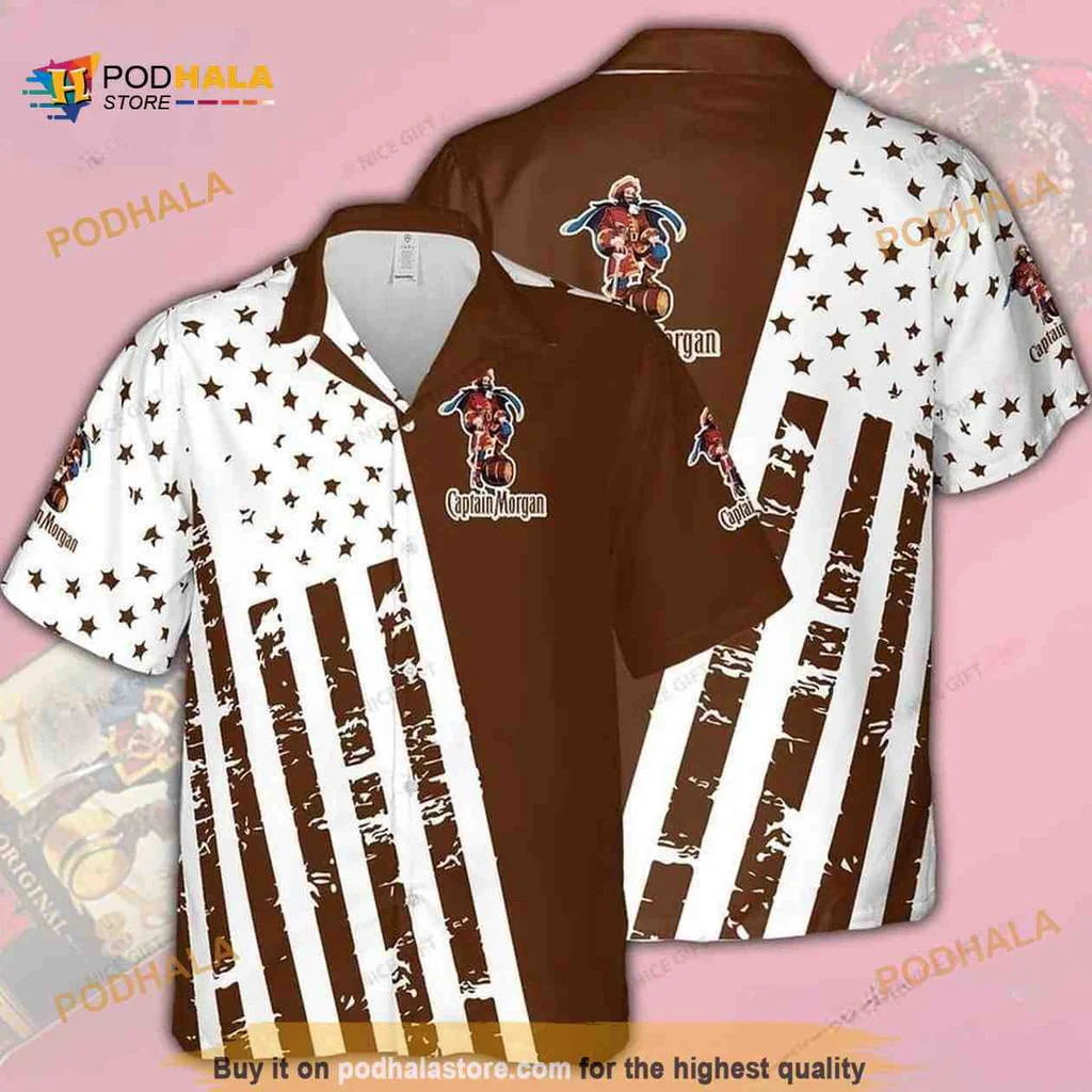 Captain Morgan Pirate Hawaiian Shirt, Brown And White Stripes And Stars