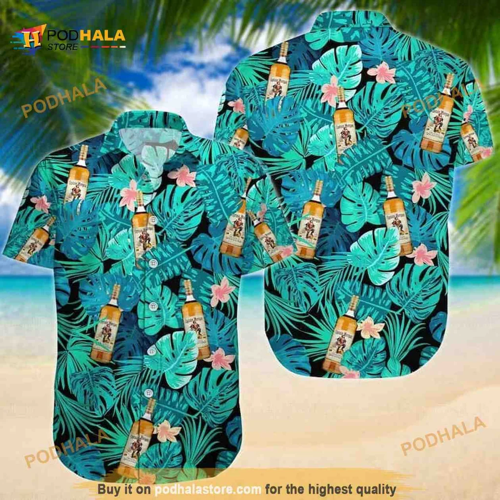 Captain Morgan Tropical Hawaiian Shirt With Palm Leaves And Rum Bottles