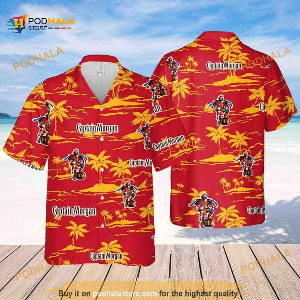 Captain Morgan Tropical Hawaiian Shirt With Palm Trees And Sunset Design
