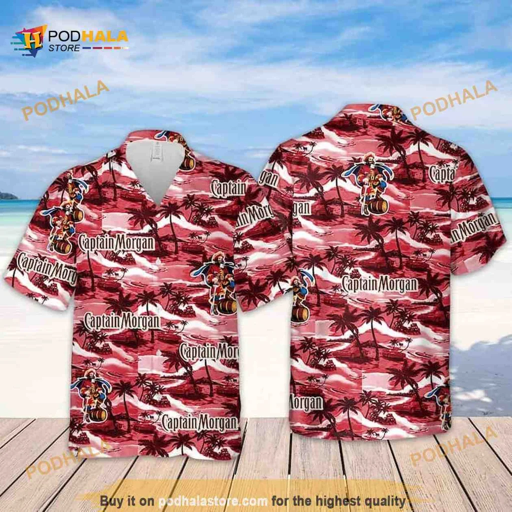 Captain Morgan Tropical Hawaiian Shirt With Pirate And Palm Tree Design
