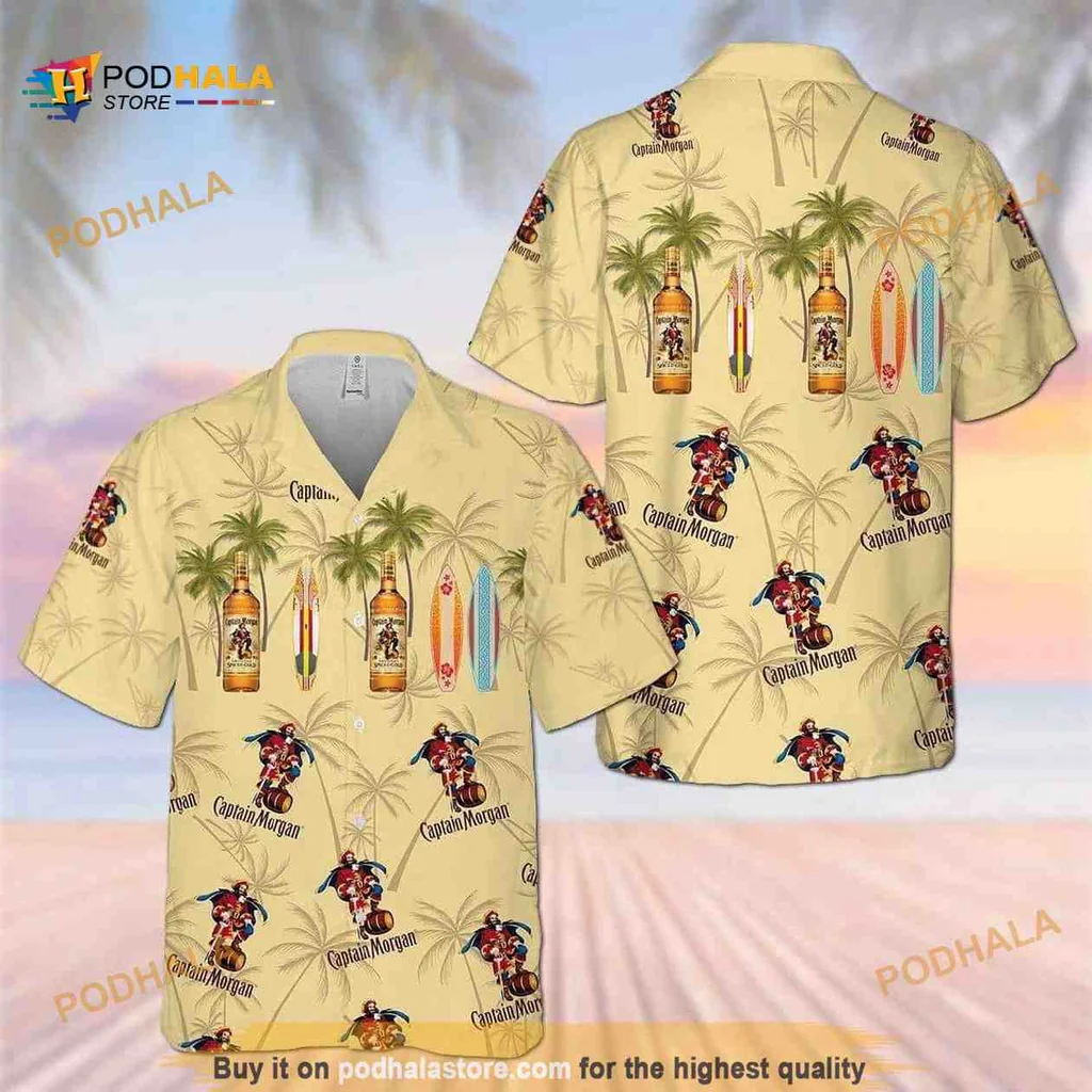 Captain Morgan Tropical Hawaiian Shirt With Pirate And Surfboard Design